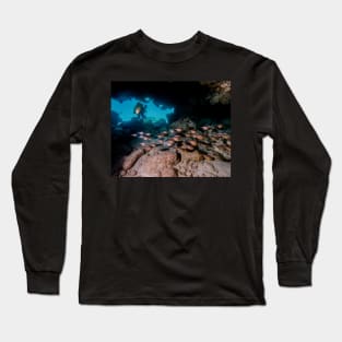 Diver in Cavern With School of Fish Long Sleeve T-Shirt